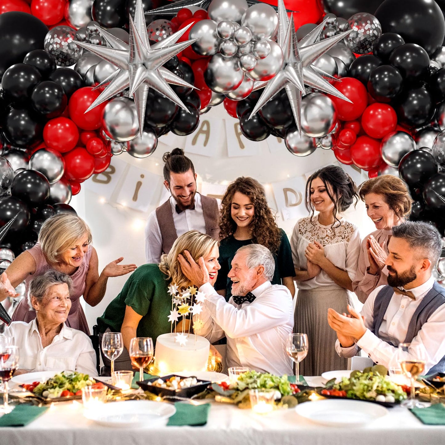 Red and Black Balloon Arch Kit with 3pcs Star Balloons, Red Black and Metallic Silver Balloons Garland Kit for Birthday Red Black Graduation 2025 New Year Party Decorations