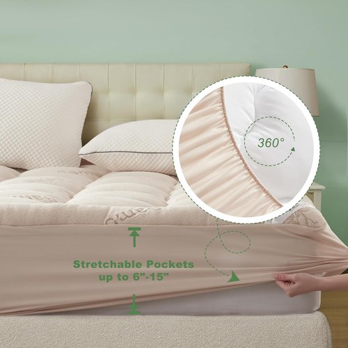 BEDLORE Full Size Mattress Topper - Thick Bamboo Viscose Pillow Top for 6"-15" Mattresses | Breathable Comfort & Back Pain Relief (Beige)