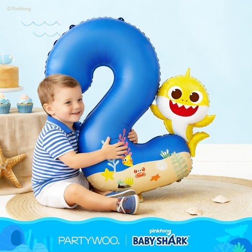 Baby Shark by PartyWoo - 40 Inch Blue Foil Number 2 Balloon | Mylar Helium Birthday Decoration for Kids