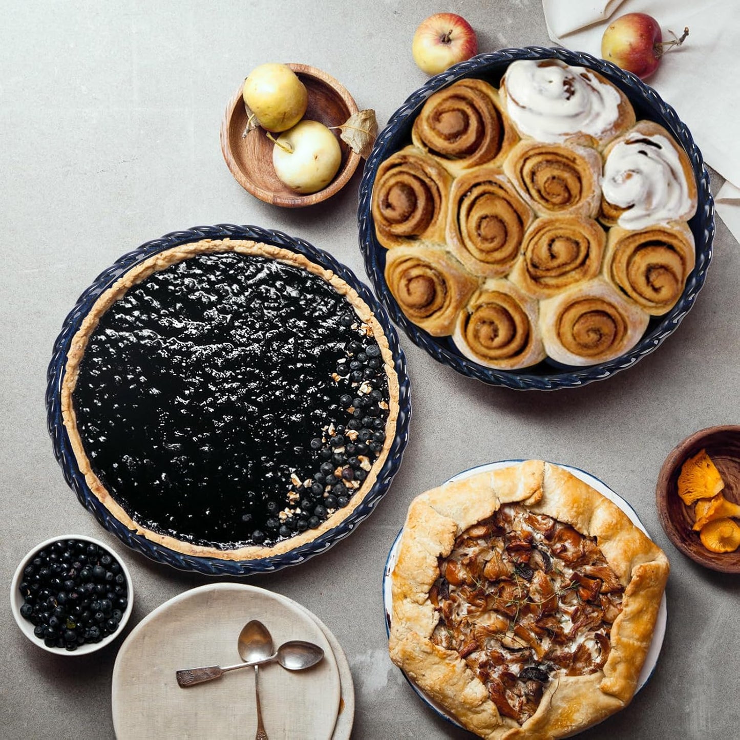 Peohud Ceramic Pie Pans - 10 Inch Deep Fluted Baking Dish | 54 Ounce for Quiche & Pies - Blue