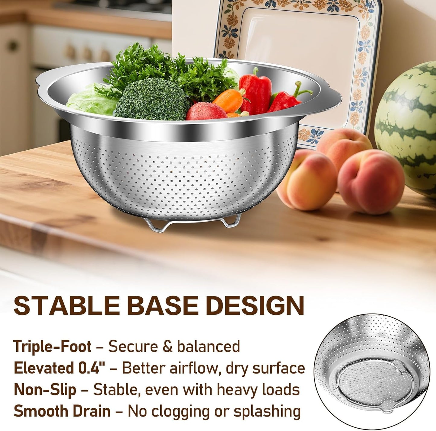 Skiennix Stainless Steel Colander Set - 3-Piece Strainer for Pasta & Fruits | Dishwasher Safe (2QT, 3QT, 5QT)