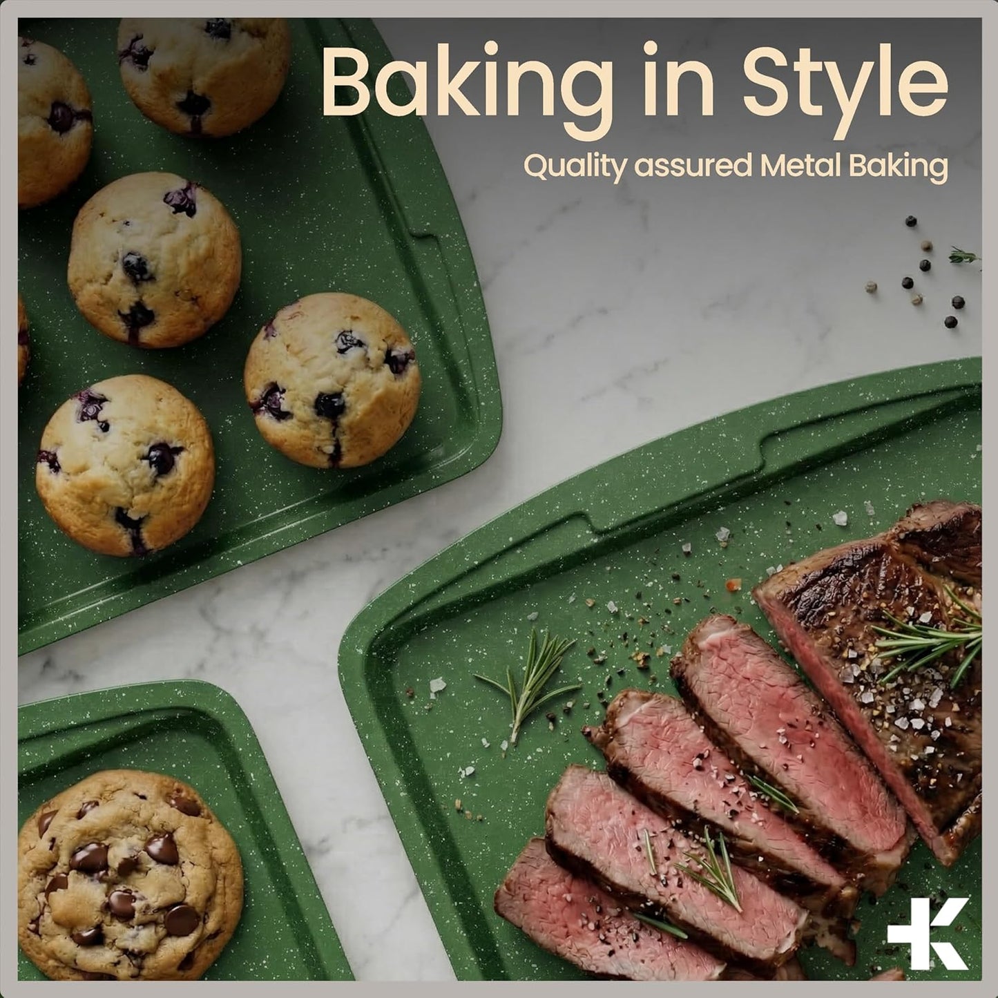 BAKKEN Nonstick Baking Pan Set - Green Marble Coating, Oven Safe Up to 450°F | Set of 3 Essential Bakeware