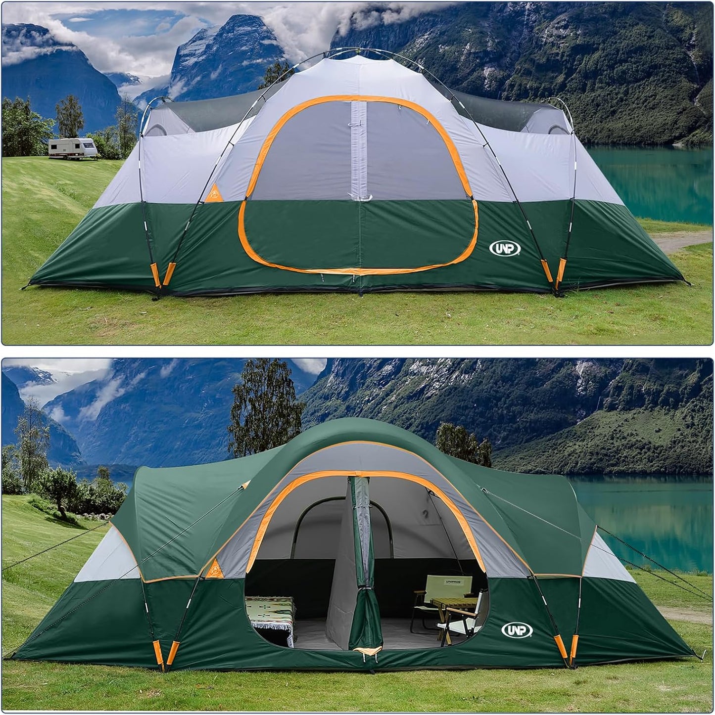 UNP Camping Tent - Spacious 10-Person Family Tent with 5 Large Mesh Windows | Waterproof & Weather Resistant, 18ft x 9ft x 78in