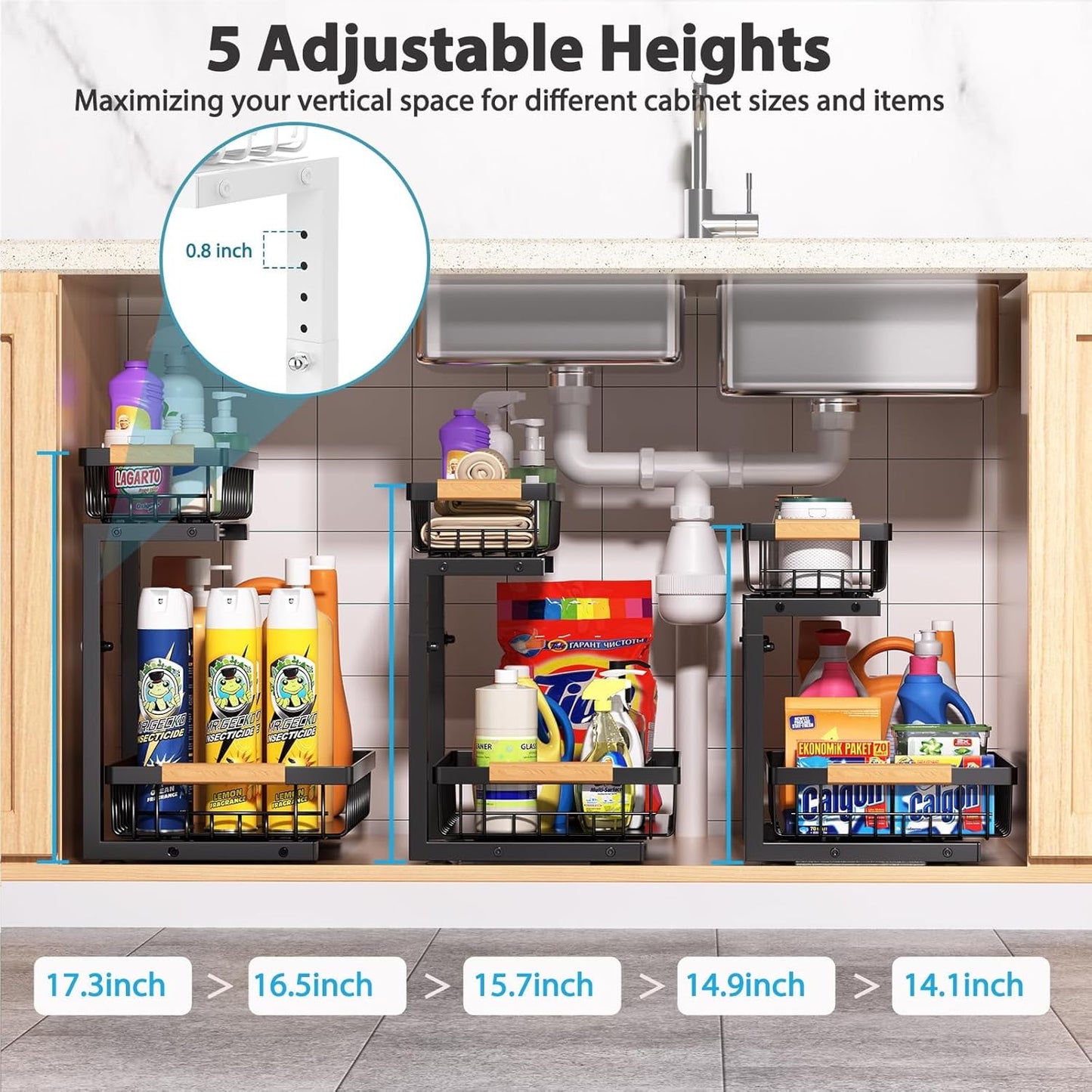 Liuoud Under Sink Organizer - 2 Pack Adjustable 2-Tier Storage for Kitchen & Bathroom Cabinets - Black