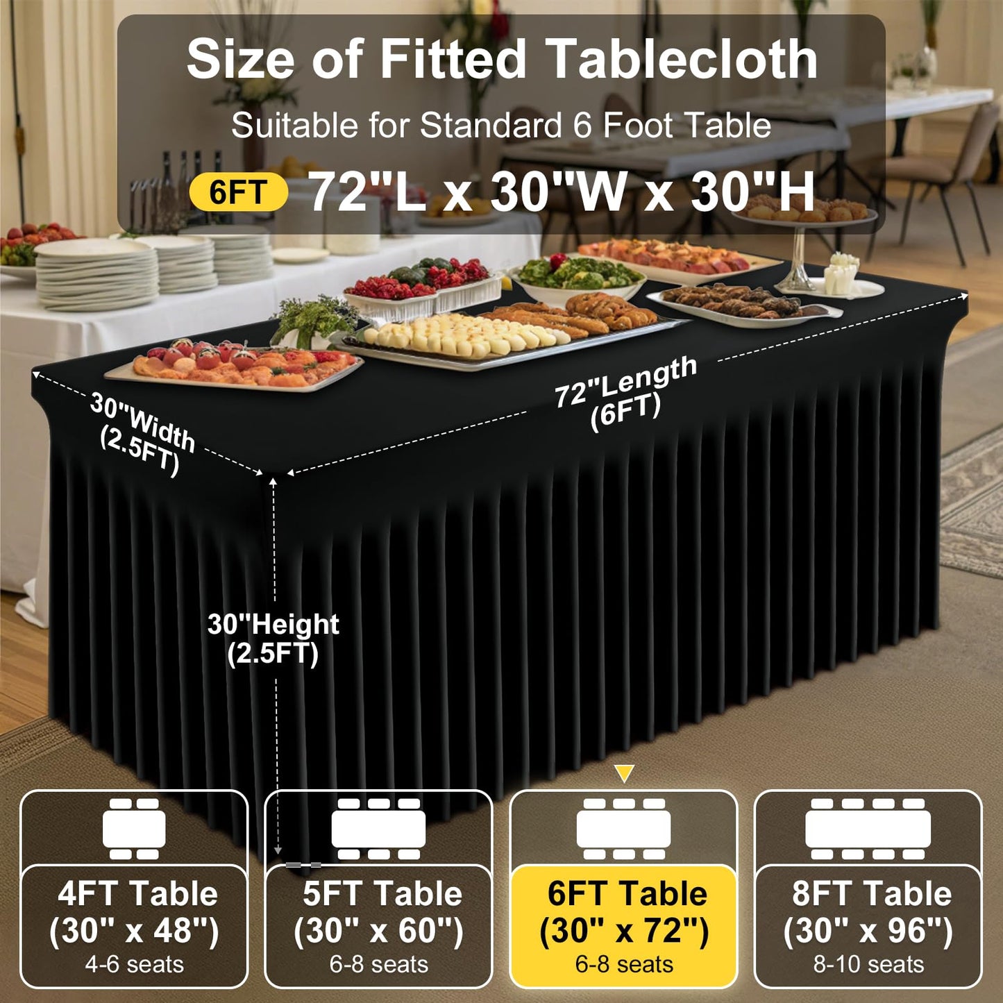 Smiry 2 Pack Spandex Open Back Tablecloth,Elastic Fitted Stretch Tablecloth for 6FT Rectangle Tables,Waterproof Washable Table Cover Skirt for Wedding, Banquet & Parties (Black, 72Lx30Wx30H Inch)