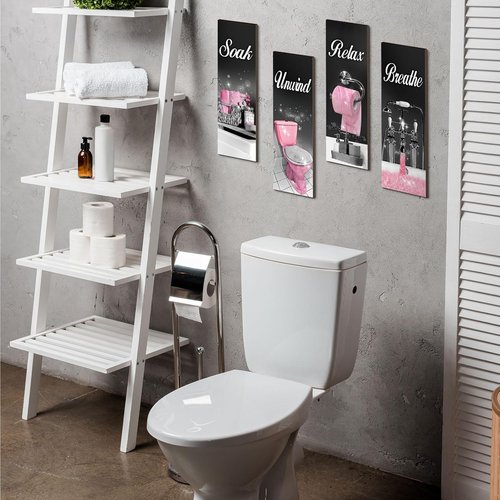Honoson Bathroom Wall Art Decor - 4 Pcs Farmhouse Signs for Soaking, Unwinding & Relaxing | Black & Pink