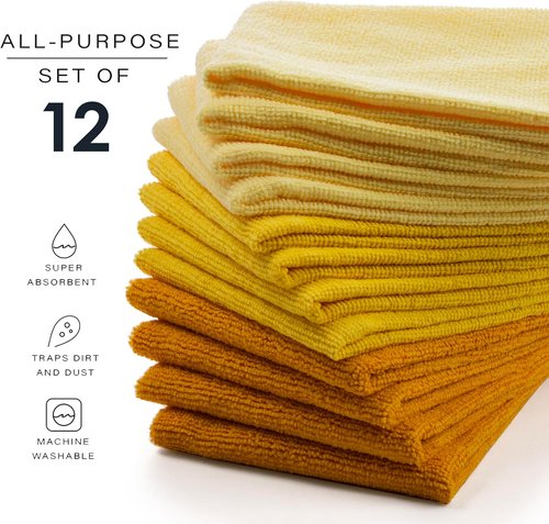 BINO Microfiber Cleaning Towels - Ultra Absorbent Yellow Ombre - 15x15 Inches | 12 Pack All-Purpose Set