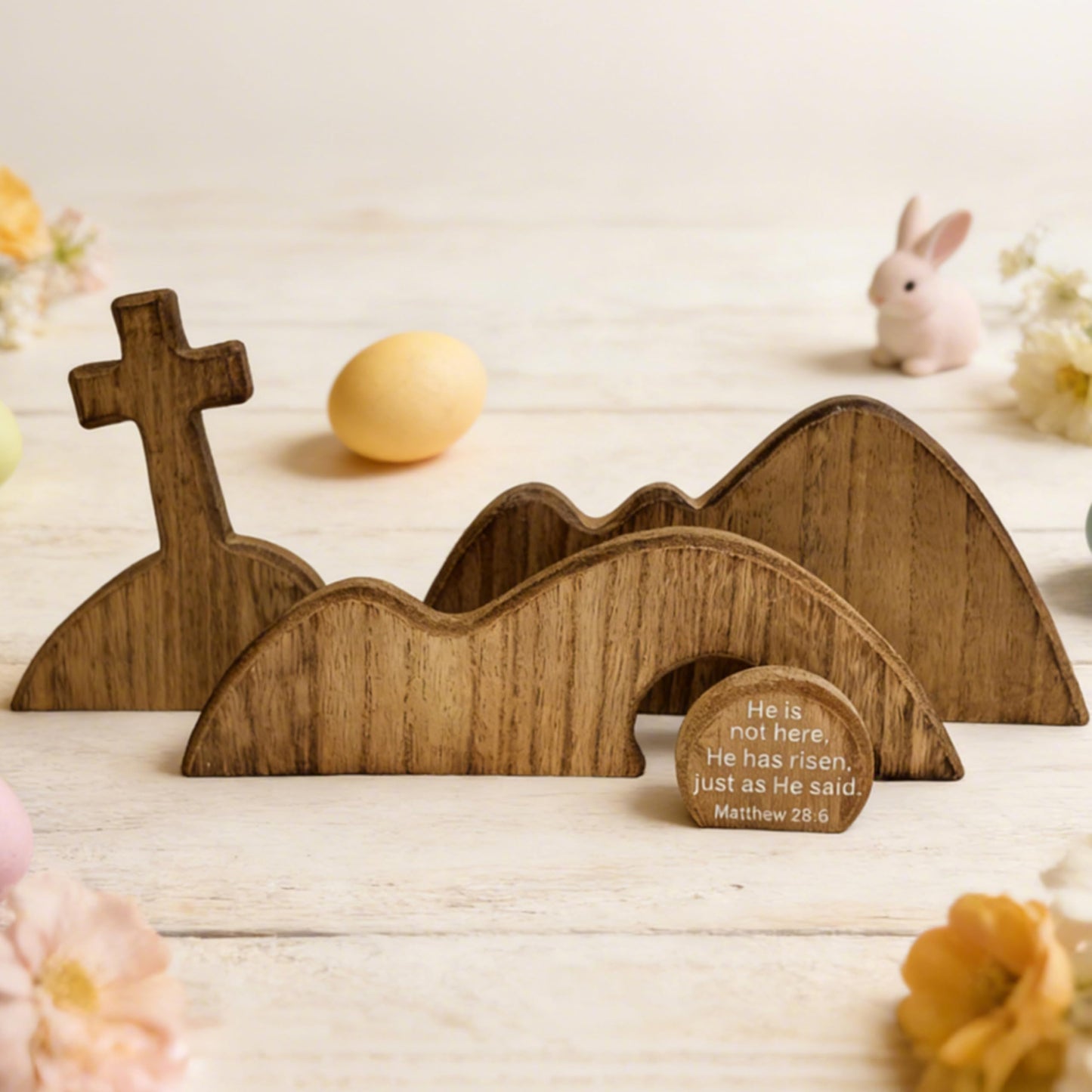 FESTGLOX Wooden Empty Tomb Set with Cross, Empty Tomb Easter Scene for Christian Decoration, Wooden Easter Resurrection Scene for Religious Display, Home Office Tabletop Tray, Church, Shelf Decor