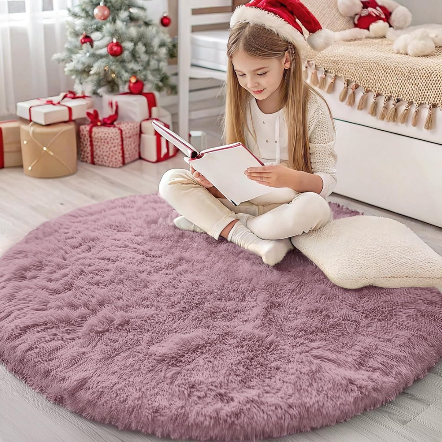 OLANLY Blush Round Rug - Soft, Fluffy Shaggy Carpet | 4 ft Machine Washable Area Rug for Bedroom & Living Room