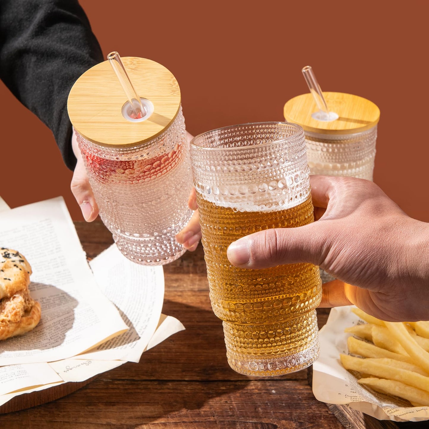 MRZIKPO Drinking Glasses with Bamboo Lids and Glass Straw 4pcs Set,16oz Glass Tumbler Cups,Water Glasses,Iced Coffee Glasses,iced Tea Glasses,Beer Glasses,Ideal for Whiskey,2 Brushes