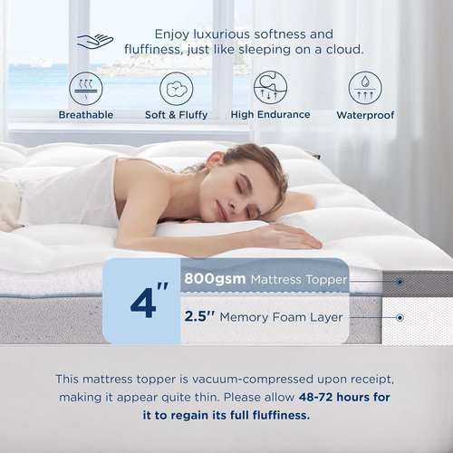 Bedsure Queen Mattress Topper - 4 Inch Dual Layer Gel Memory Foam & Waterproof Pillow Top | 60x80 Inches