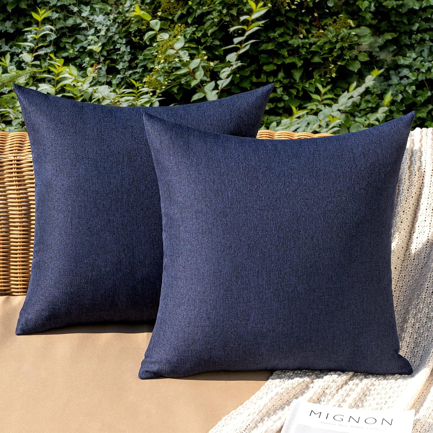 MIULEE Decorative Outdoor Throw Pillow Covers - Waterproof Faux Linen Cushion Cases | 18x18 Inch Navy (Pack of 2)