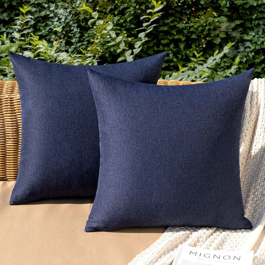 MIULEE Decorative Outdoor Throw Pillow Covers - Waterproof Faux Linen Cushion Cases | 24x24 Inch Navy, Set of 2