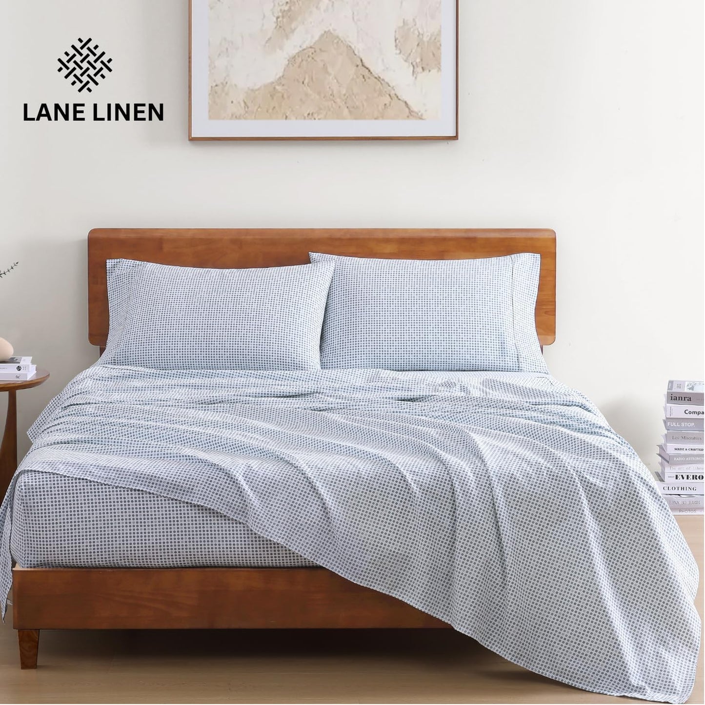 Lane Linen 100% Organic Cotton Twin XL Sheets - Fade Resistant, Temperature Regulating, Polka Dot Blue