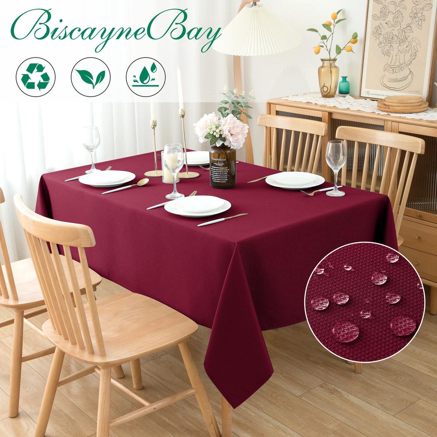 Biscaynebay Textured Fabric Christmas Rectangle Table Cloth 90x156 Inch, Burgundy Water Resistant Tablecloths for Dining, Kitchen, Wedding, Parties etc. Machine Washable