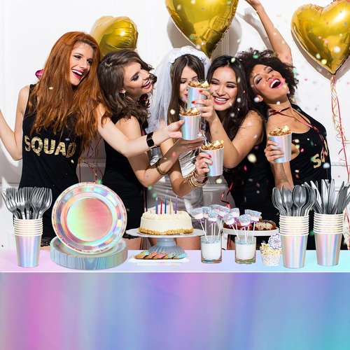 Iridescent Party Decorations,132 Pcs Disposable Iridescent Party Plates Cups Knives Spoons Forks for Party Supplies Birthday Wedding Outdoor Picnic,Disposable Plastic Tablecloths for Home Dinner Decor