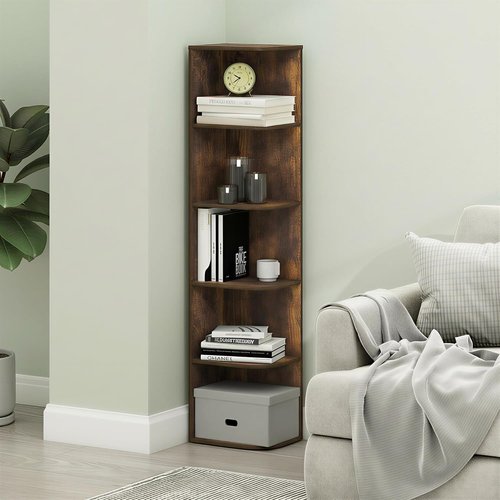 Furinno PASIR 5-Tier Corner Bookshelf - Open Design for Organization & Storage | Amber Pine, 9.3 x 12 x 51.7