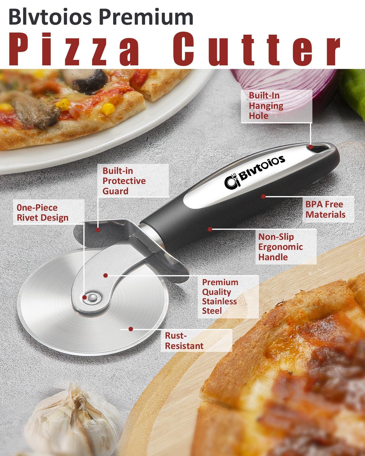 Blvtoios Premium Pizza Cutter, Multi-Purpose Stainless Steel Pizza Cutter Wheel with Non-Slip Soft Touch Handle, Perfect for Cutting Pizza, Dough and Pastry, Dishwasher Safe