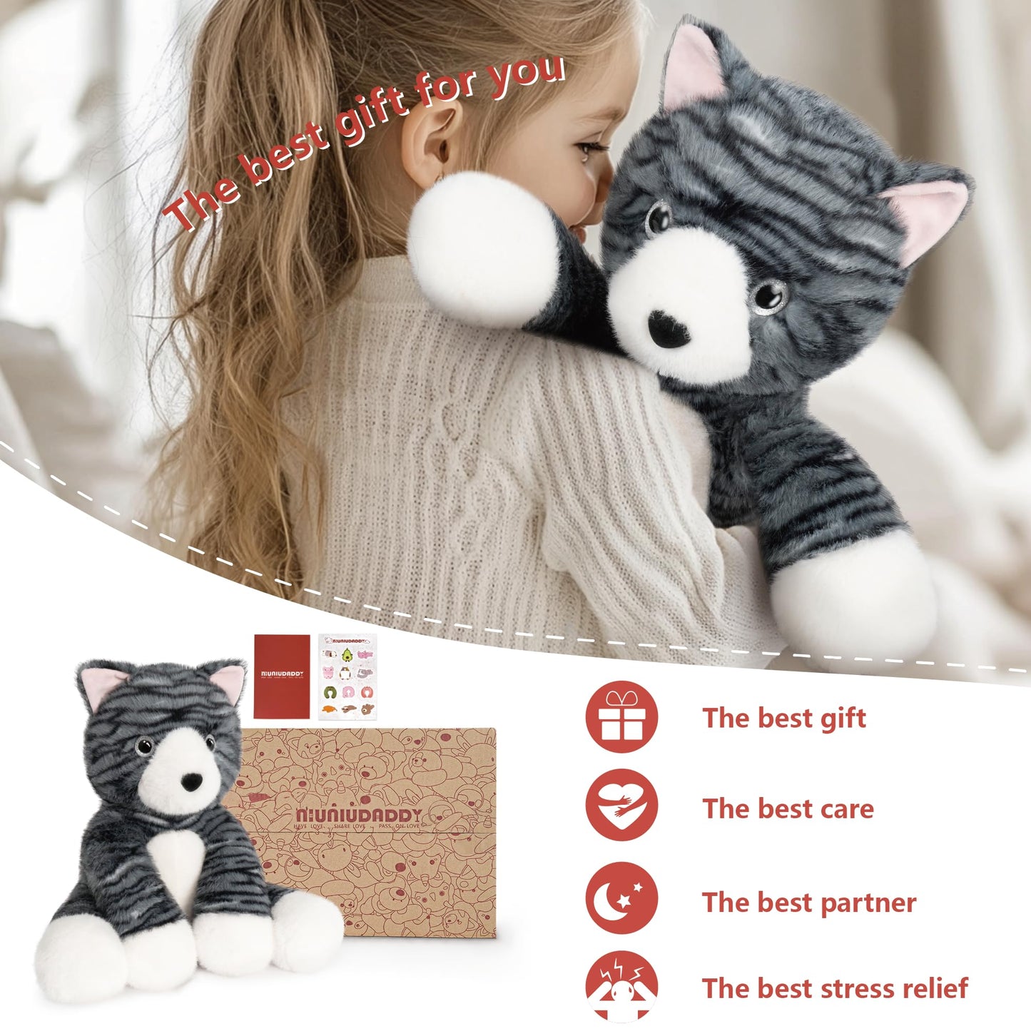 Niuniu Daddy 14" | 3.5 Pound Cat Weighted Stuffed Animal, Heavy Stuffed Cat Plush Toys for Kids Adults, Weighted Beads for Kitty Stuffed Animals Body Pillow for Present Birthday Holiday Christmas