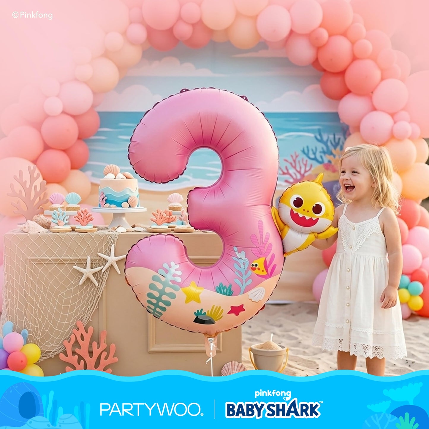 PartyWoo Baby Shark Pink Foil Number 3 Balloon 40 Inch Pink Mylar Helium Birthday Number Balloons for Girls and Boys Baby Shark Under the Sea Ocean Theme Kids Third Birthday Party Decorations
