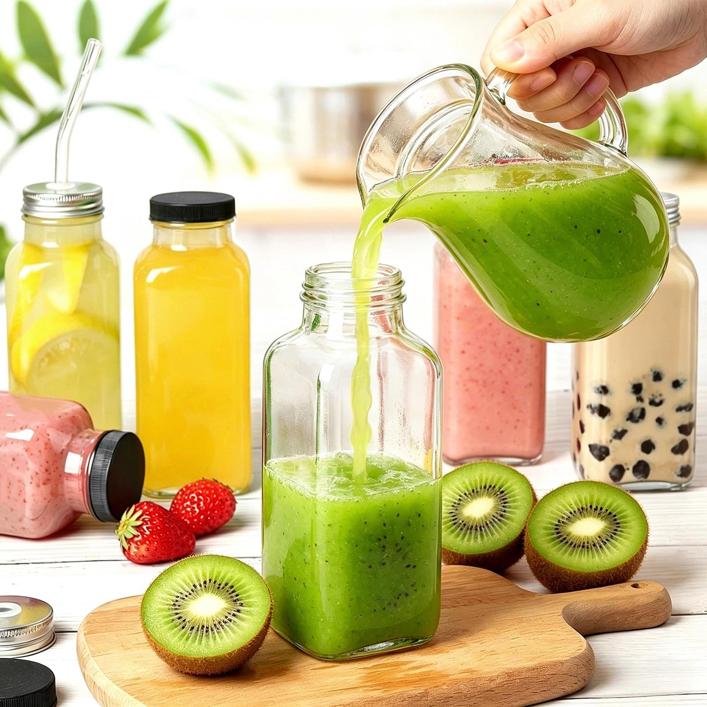 TUZAZO 10 PACK 16 Oz Glass Juice Bottles with Lids, Reusable Travel Drinking Jars Juice Containers, Glass Bottles for Juicing with Brush, Straws, Lids with Hole