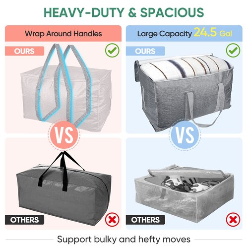 BALEINE 8-Pack Oversized Moving Bags with Reinforced Handles, Heavy-Duty Storage Tote for Clothes, Moving Supplies (Winter Grey, 8-Pack)