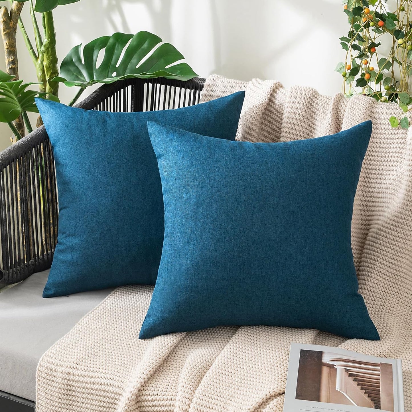 MIULEE Decorative Outdoor Throw Pillow Covers - Waterproof Faux Linen Cushion Cases | 12x12 Inch Blue (Pack of 2)