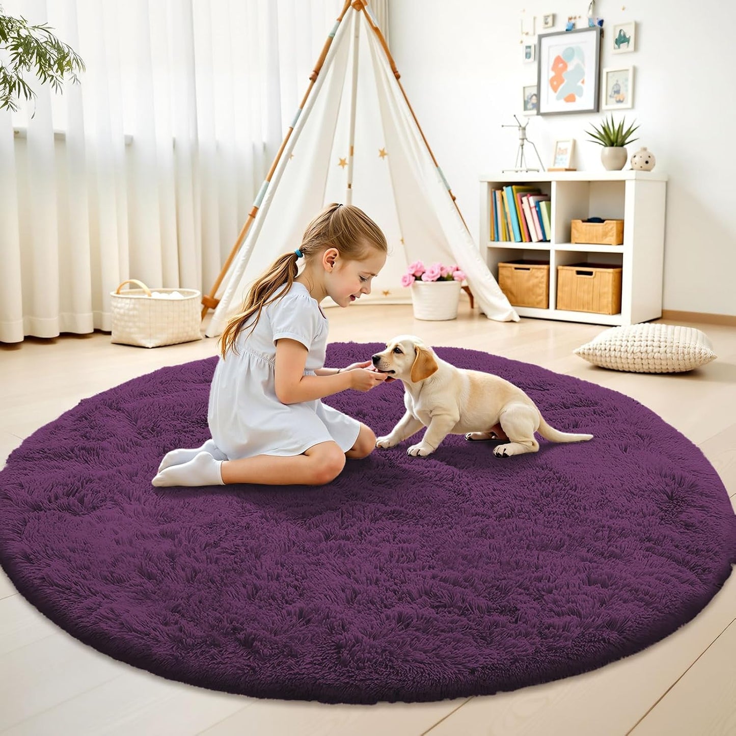 OLANLY Dark Purple Round Rug - Soft, Fluffy Shaggy Carpet | 6 ft Machine Washable Area Rug for Bedroom & Living Room Decor