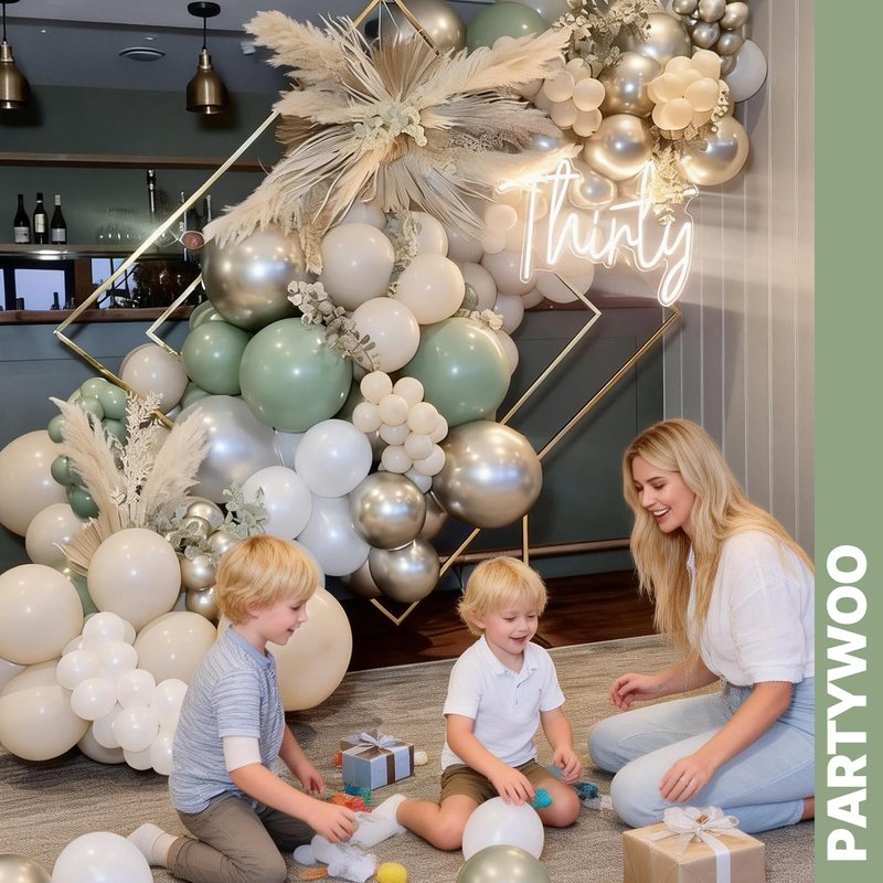 PartyWoo Sage Green Balloons 65pcs 12 Inch Metallic Gold Sand White Light Brown Gold Confetti Balloons for Baby Shower Wedding Engagement Jungle Woodland Forest Birthday Party Decorations