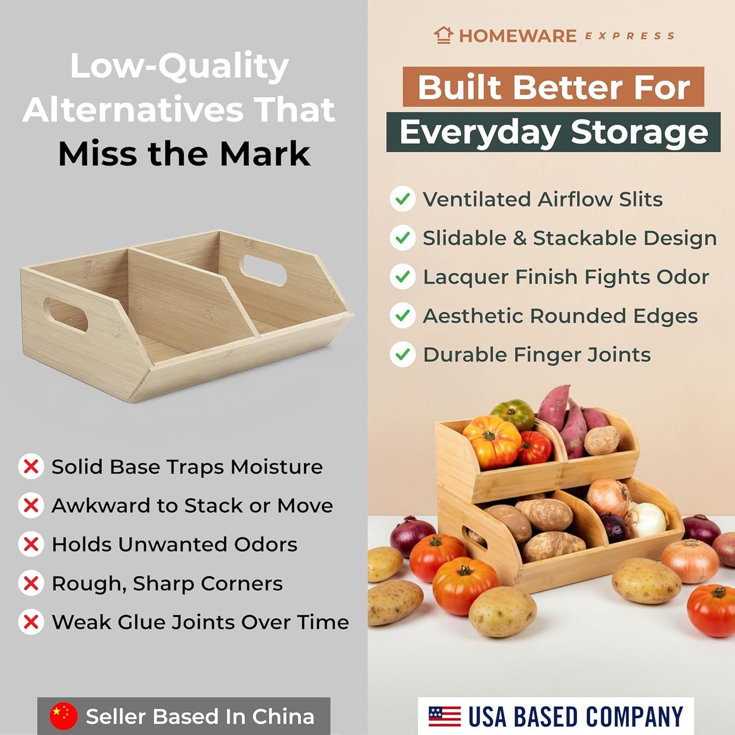 Regine Switzerland Potato and Onion Storage Bin - Ventilated Bamboo Organizer Baskets | Stackable 3-Pack for Pantry & Kitchen