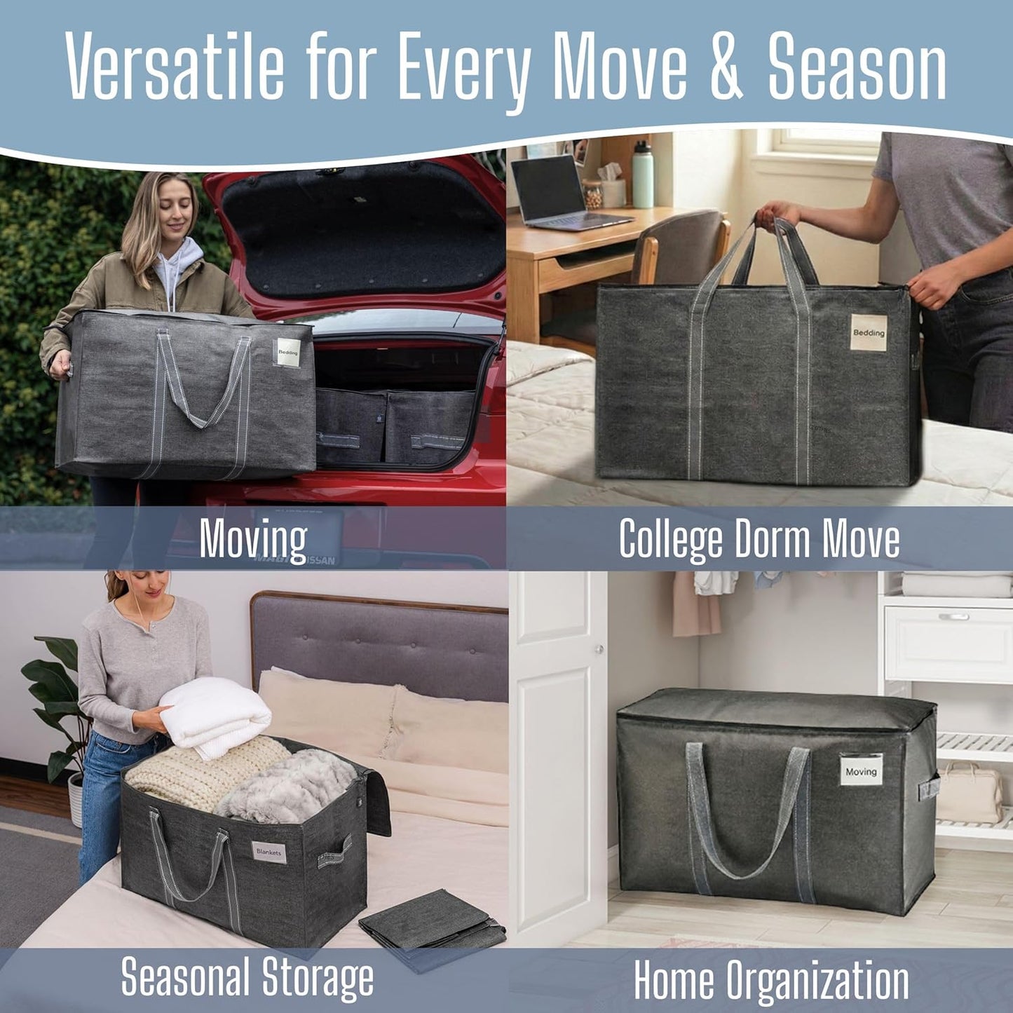VENO Heavy Duty Moving Bags - 8 Pack Extra Large Storage Solution with Reinforced Handles & Strong Zippers | Foldable & Reusable for Clothes & Dorm Storage