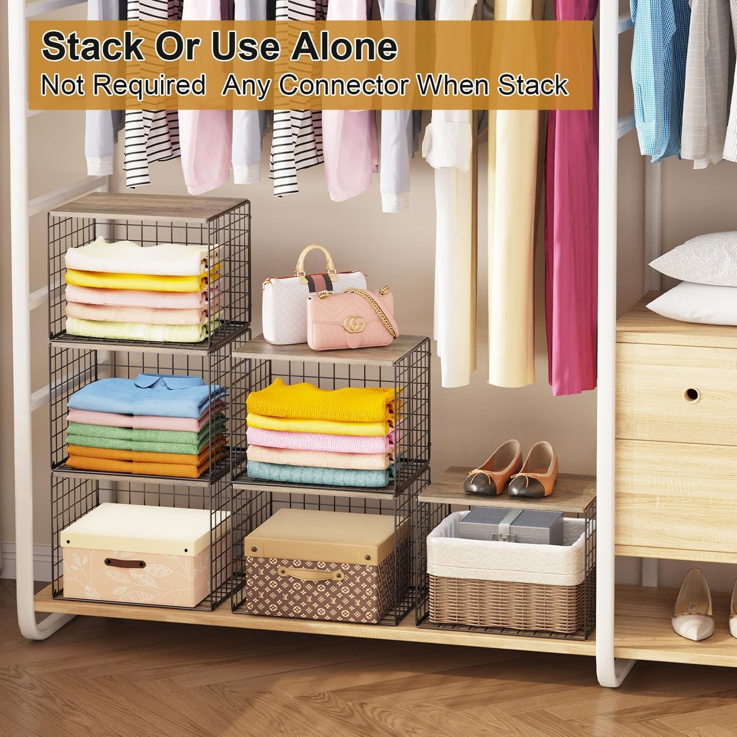 Skiennix Closet Organizer Set - Stackable Storage Shelves for Clothes & Sweaters | Space-Saving Design, Set of 3