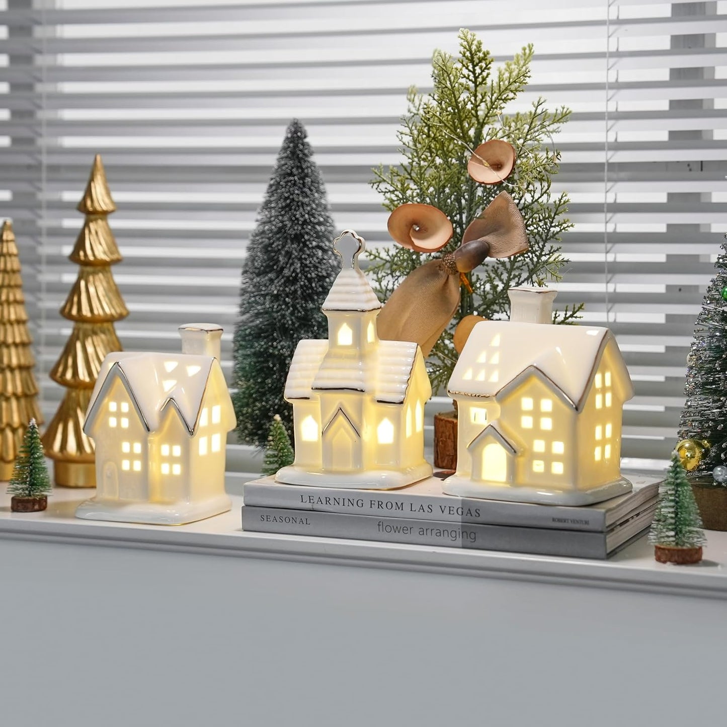 Regine Switzerland White Christmas Village Houses - 3Pcs Glazed Ceramic Set with Trees | Light Up Holiday Decor