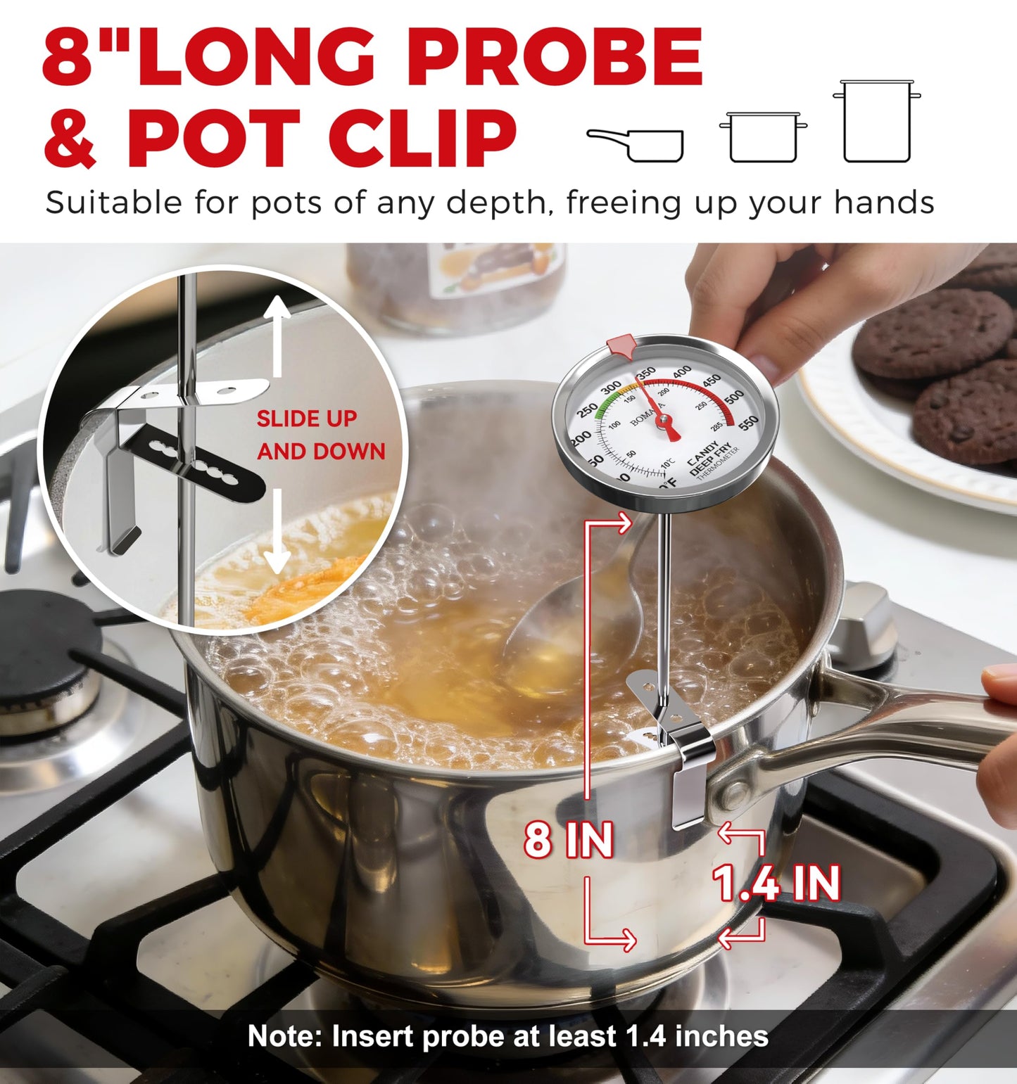 BOMATA 2-Pack Candy Thermometer with Pot Clip, Hands-Free Use, Waterproof IP67 and 2.5" Display Deep Fry Oil Thermometer with NSF Certified, for Cooking, Food, Turkey, BBQ, Grill... Mth400 Silver