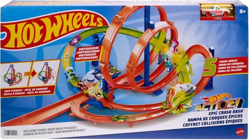 Hot Wheels Track Set - Epic Crash Dash with 5 Crash Zones & Motorized Booster | Includes 1:64 Scale Car