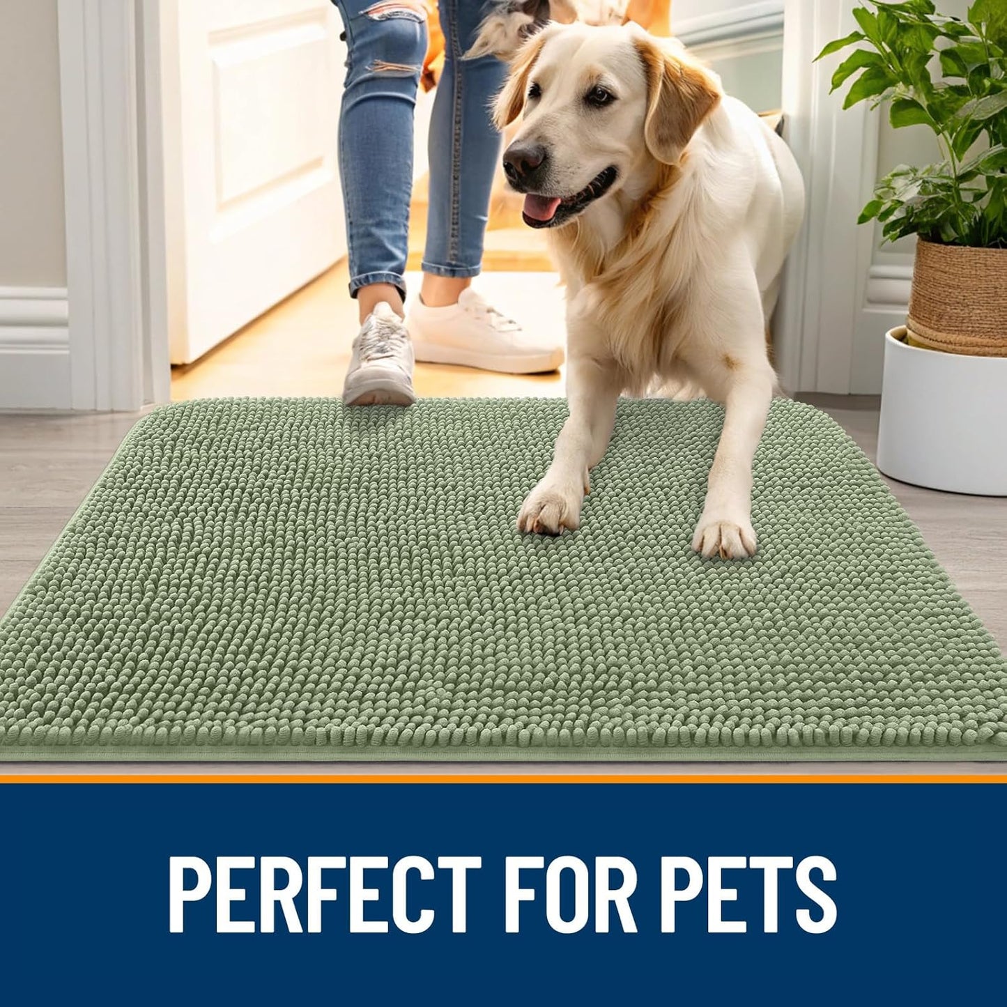 OLANLY Dog Door Mat - Absorbent Non-Slip Chenille Mat for Muddy Paws | 30x20, Quick Dry, Sage Green