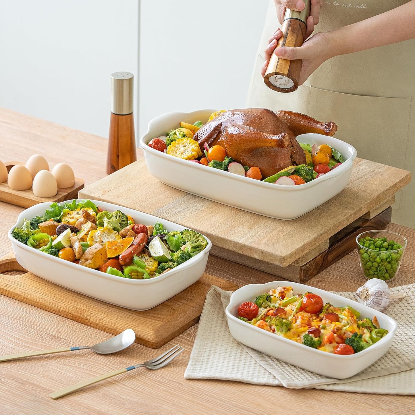 Skiennix 3-Pack Ceramic Baking Dishes Set - Heavy-Duty Oven-Safe Stoneware | Deep Rectangular Casserole Pans (13.8''/12''/9.6'' Pure Off-White)