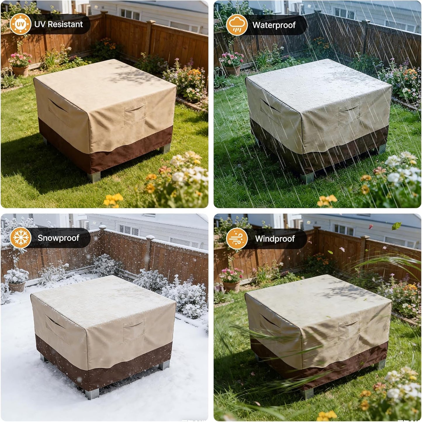 Vailge Heavy-Duty Waterproof Patio Table Cover - Rectangular/Oval Design, 84" L x 84" W x 28" H, Beige & Brown