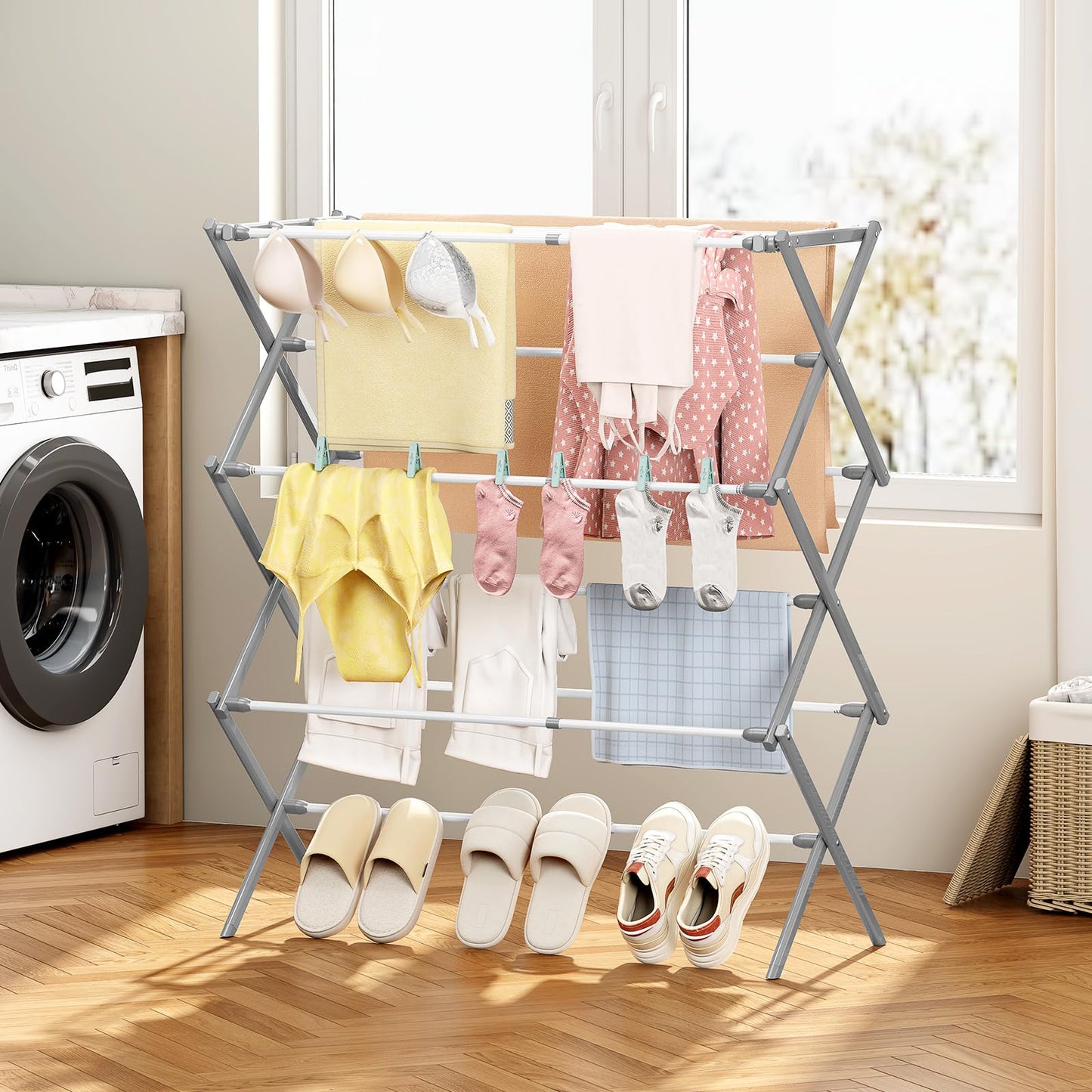 KINGBOARD Clothes Drying Rack, Collapsible Drying Rack Clothing with 11 Poles, 3-Tier Laundry Drying Rack, Small Clothes Drying Rack Foldable for Baby Clothes, 25lb Capacity, White & Grey
