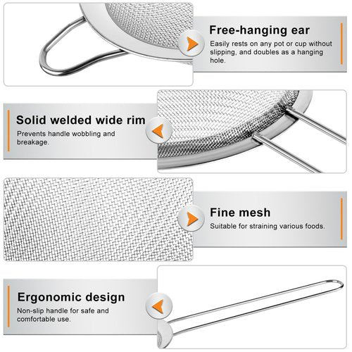 4PCS Fine Mesh Strainer Set, Premium Stainless Steel Fine Mesh Strainers, Food Fine Sieve with Non-Slip Handle, Perfect for Juice, Baking Flour, Drinks, Cocktails, Rice, Jam, Tea(2.8"/3.2"/3.9"/4.7")