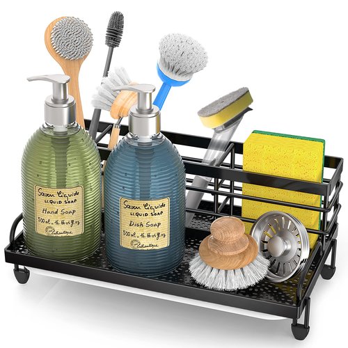 Cisily Kitchen Sink Caddy Organizer, Rustproof Non-Slip Soap Dish Dispenser Brush,Sponge Holder Storage,Home Essentials Accessories（Matte Black）