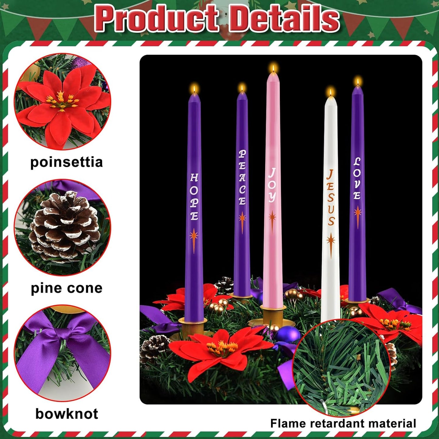 Skiennix 12-Inch Christmas Advent Wreath - 5 Candle Holder Set with Fire Retardant Metal Cups for Indoor Decor