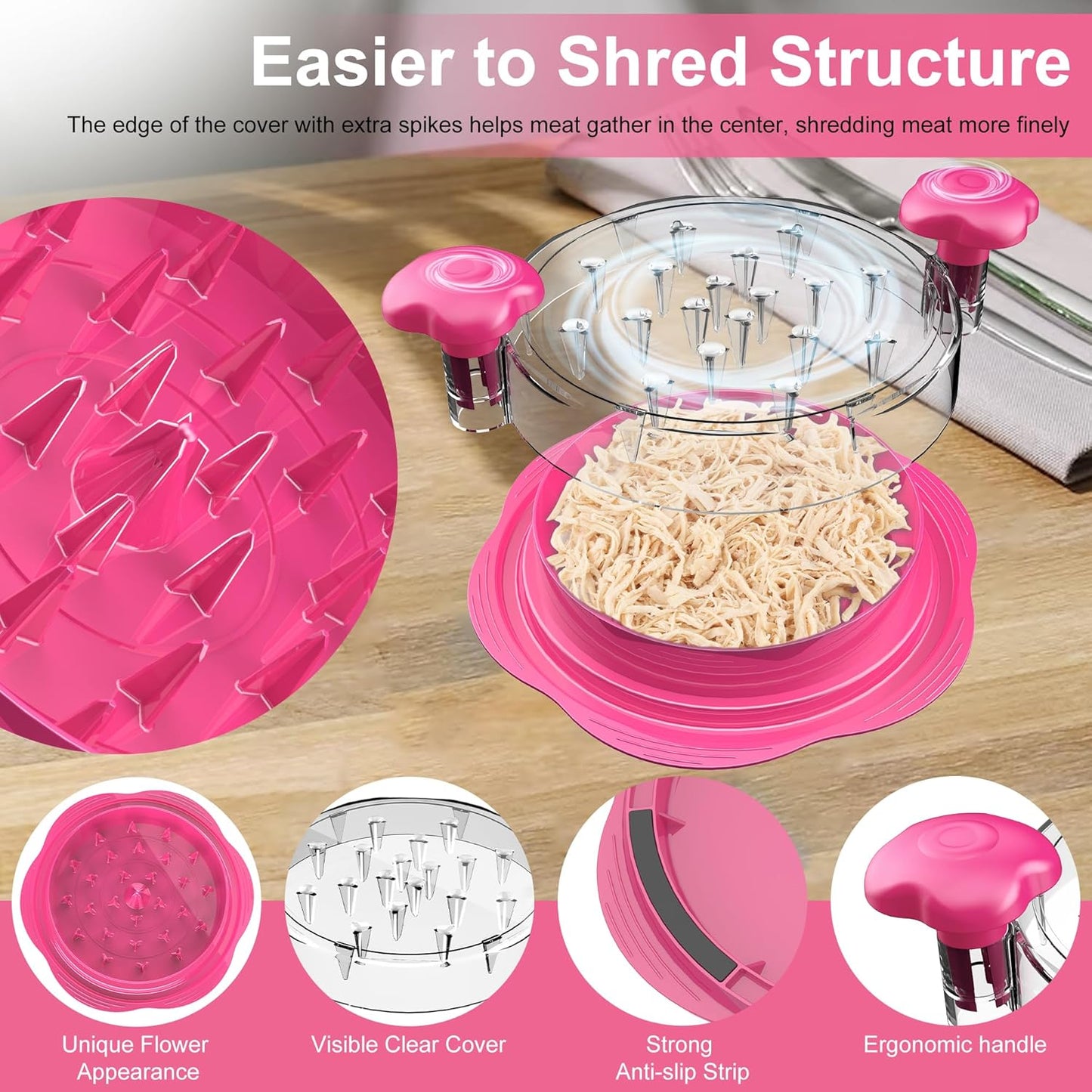 SURETIVIAN Chicken Shredder - Ergonomic Meat Shredder Tool with Brush & Fork | BPA-Free, Hot Pink