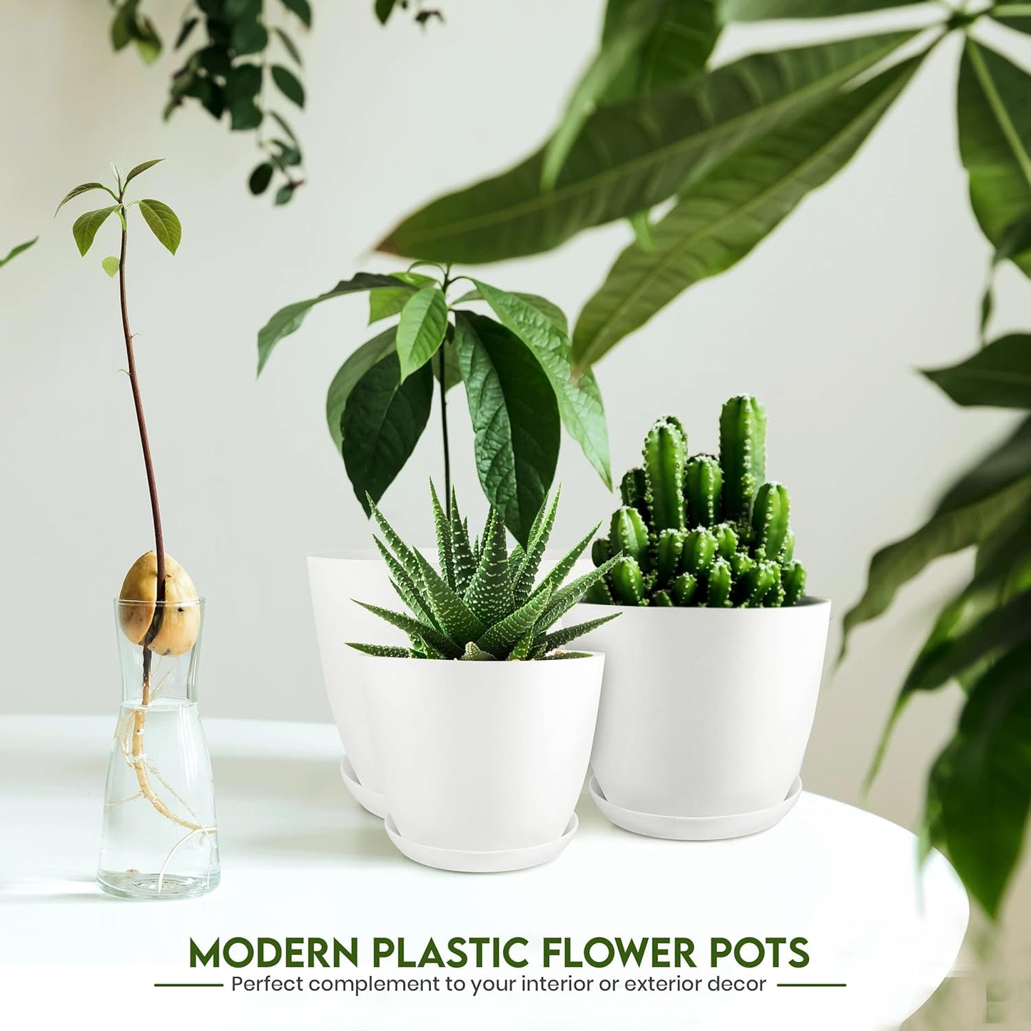Utopia Home Indoor Plant Pots - Set of 5 White Plastic Planters with Drainage Holes | Modern Décor (4.8-7 Inch)