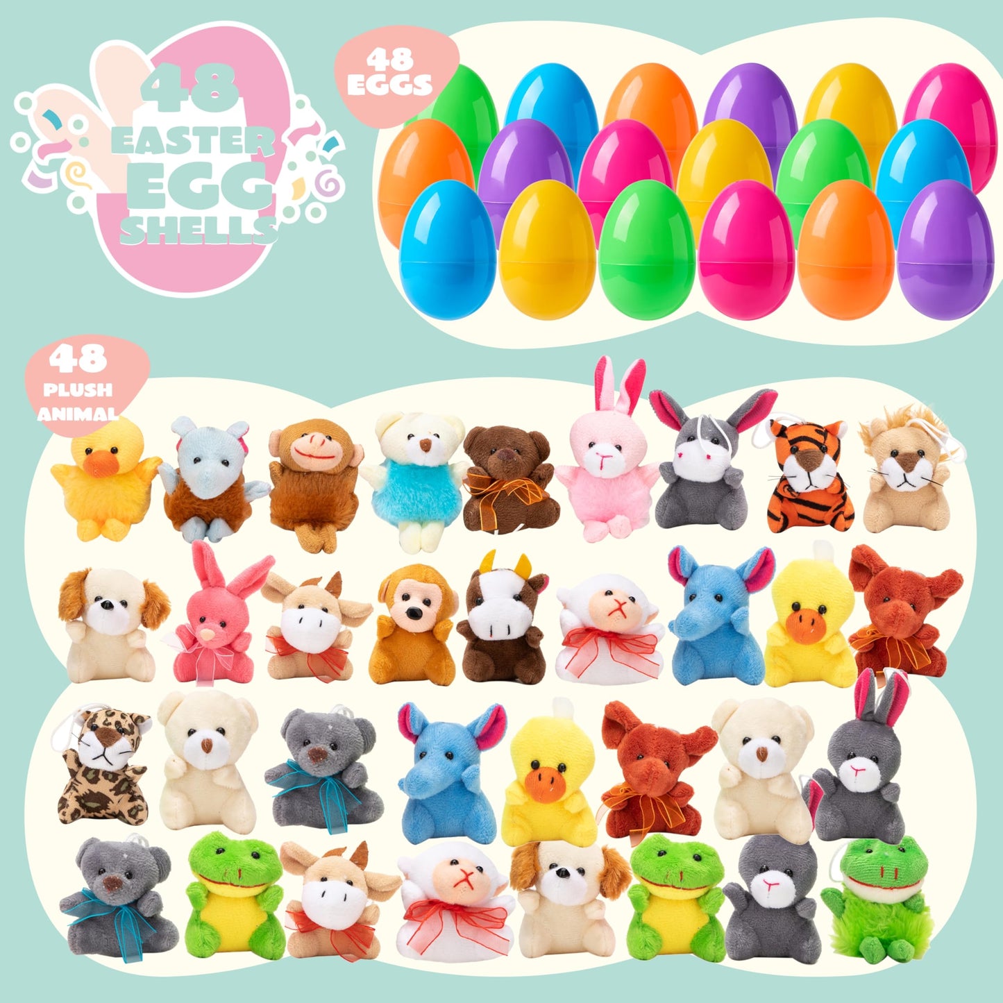JOYIN 48 Pcs Prefilled Easter Eggs Filled with Plush Animal Toys for Easter Eggs Hunt, Basket Stuffers Fillers, Kids Party Favor, Classroom Prize Supplies