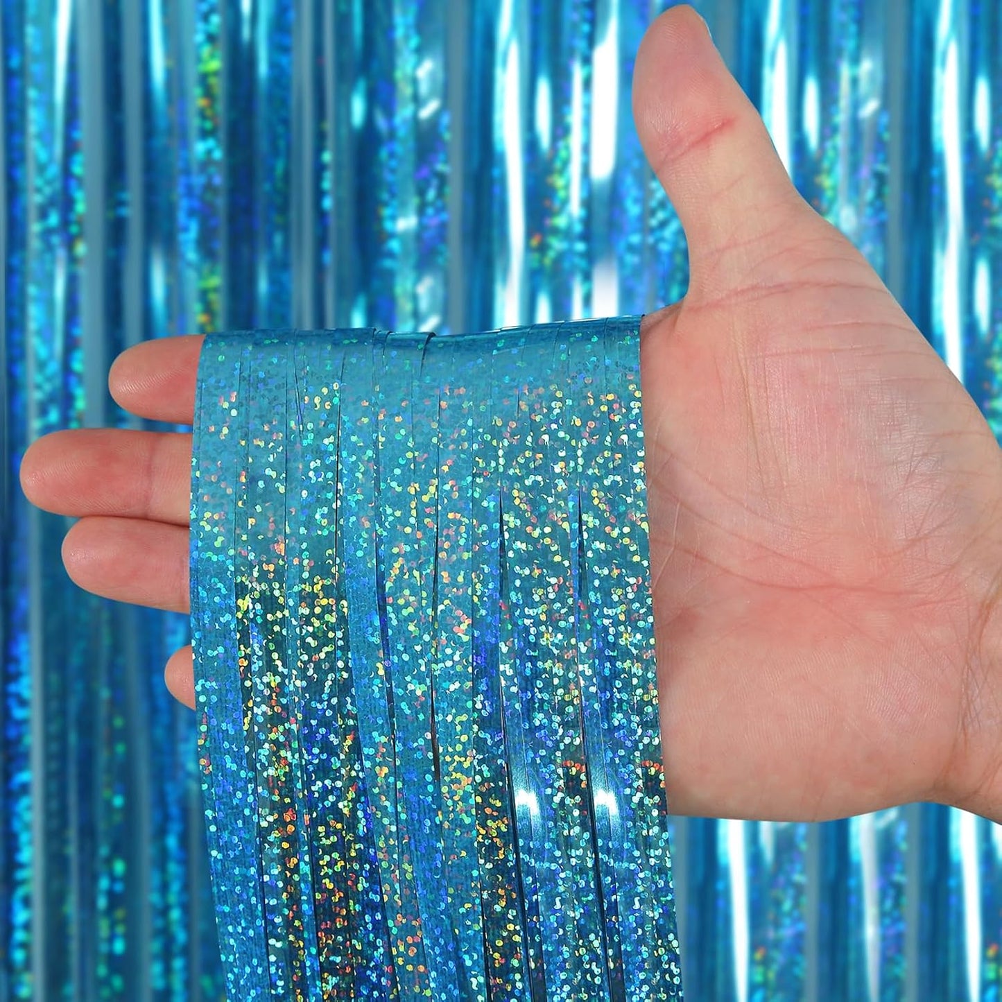 Picoway Blue Laser Foil Fringe Tinsel Backdrop Curtains - 4 Pack for Ocean-Themed Parties & Events