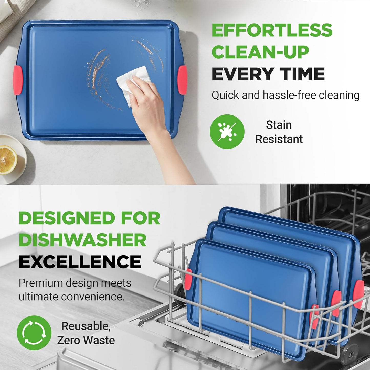 NutriChef Nonstick Cookie Sheets - Premium Carbon Steel Baking Trays with Silicone Handles | Set of 3 - Blue