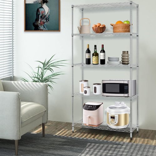 BestOffice 5-Tier Wire Storage Shelves with Wheels - Heavy-Duty Metal, Adjustable, Chrome | 14x30x60 | Holds Up to 220 lbs | Easy No-Tool Assembly for Home & Garage