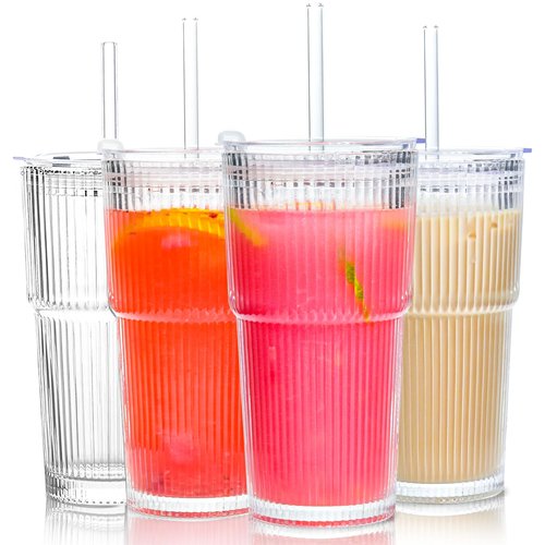 Icesip 20 oz 4 Pcs Glass Cups with Lids and Straws Ribbed Iced Coffee Glasses Tumbler Vintage Drinking Glasses Set of 4 for Tea Juice Soda Smoothie(Ribbed A*4 with Lid)