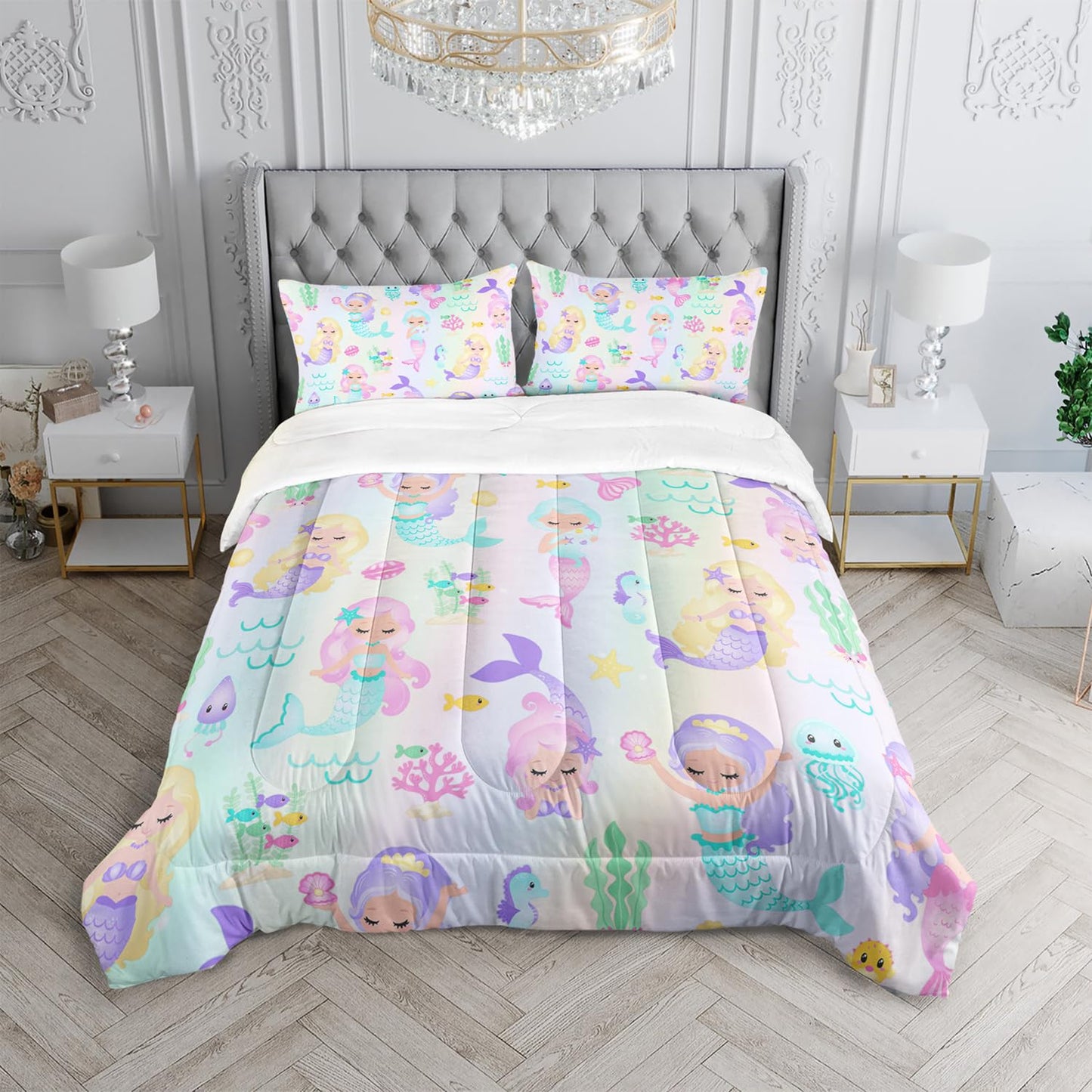 XYNHML Rainbow Mermaid Comforter Set Twin/Full/Queen Size Fairy Tale Sea Shell Grass Bedding Set Starfish Jellyfish Quilt Bed Set for Kid Girls with 1 Comforter and 2 Pillowcases